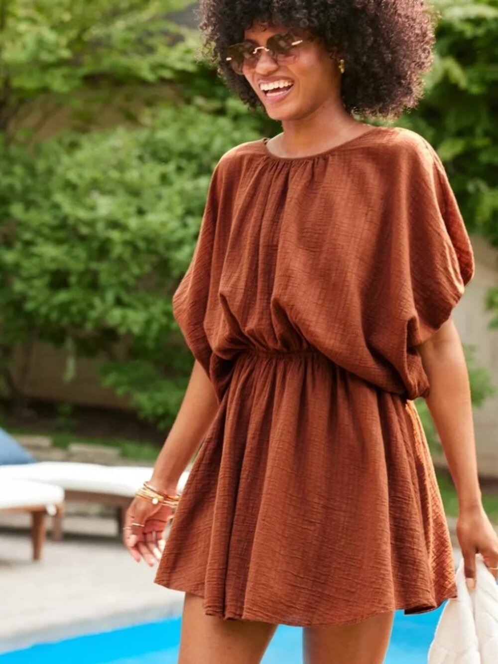 NWT Aerie Women's Short Sleeve Golden Hour Cover Up Dress Gauzy Brown Size Small
